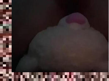 Teen humping Teddy Bear while watching TV.