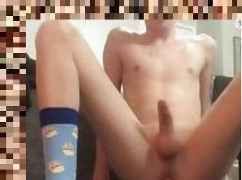 young hot twink rides dildo while his uncut cock flops around