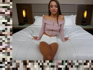 Slender brunette teen gets smashed in a hotel room