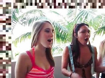 Fun bikini babes flashing in hotel