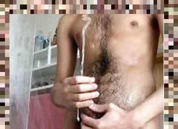 Hairy guy pisses himself in the shower