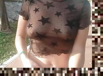 see-through blouse in the city center, perky nipples