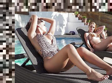 Oral fun by the pool between hot lezzie teens with nice asses