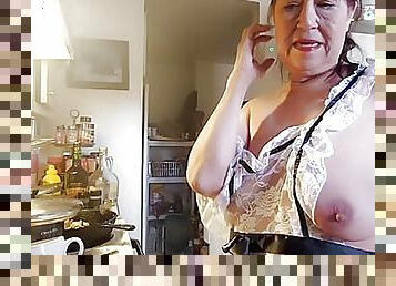 Granny in my sexy lace apron cooking shrimp &amp; grits