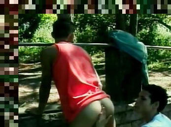 Latin guys lick tight asshole outdoors