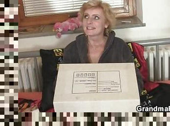 Slim blonde granny drilled by two postmen