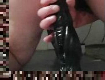 I fuck myself with my black 30cm monster dildo for the first time