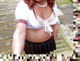 Amateur crossdresser Kellycd2022 sexy milf in mini skirt and stockings peeing her panties in heels sissy outdoors 