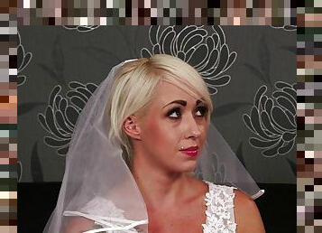 Busty blonde bimbo bride cock sucker receives a massive facial