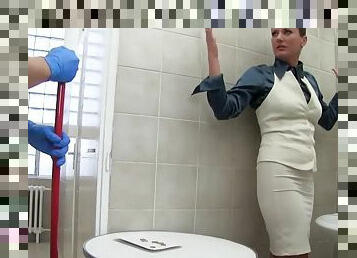 Pretty chick fucking with a man in tiled toilet