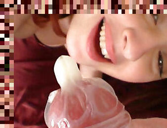 Redhead is drinking tasty sperm from that condom