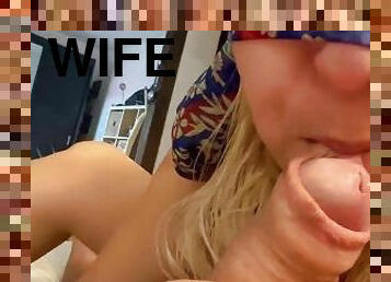 fru, amatör, avsugning, cumshot, milf, par, sväljer, pov, sprut, ögonbindel