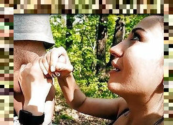 Pro Blowjob by Ponytail Brunette Slut in the Woods - Black Lynn Sucks and Swallows Cum Outdoor