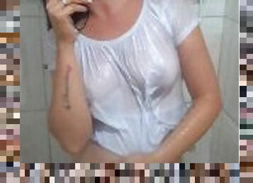 smoking in the shower, shirt wet (Anny Smoker)