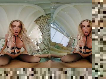 Busty blonde Emma Hix begs for redemption wearing naughty VR porn lingerie