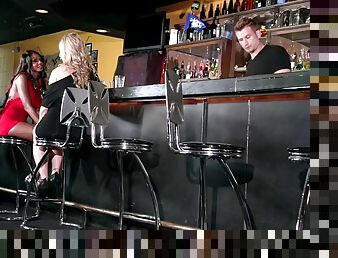 Bartender ass fucks a pair of milf sluts