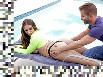 Addictive couch sex after the guy teases her by the pool