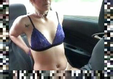 I dared my stepsister's friend to strip naked in the back of my car, she is a sexy brunette