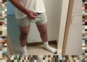 horny guy in white socks jacking off his cock, loud moaning