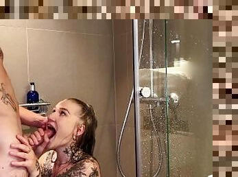 Petite hottie deepthroats in the shower before she gets fucked