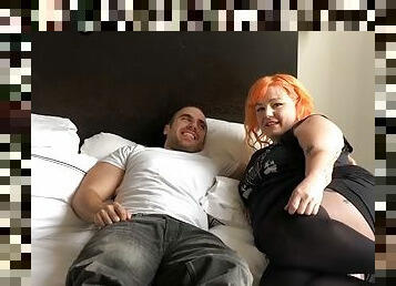 Tattooed BBW with orange hair jizzed on tits after deepthroat