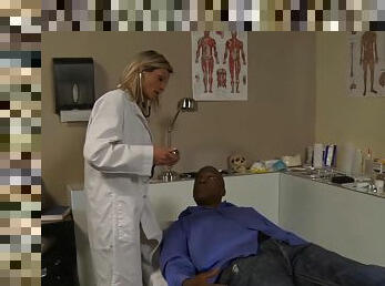 Blonde female doctor in her first interracial shag at her office