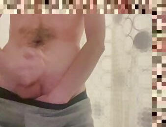 Huge cumshot, piss and shower in grey boxers