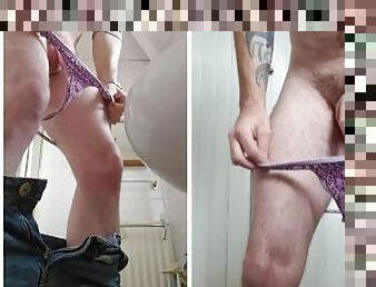 Dual view pissing wearing a thong