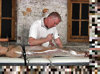 Handjob for bound boy in plastic wrap