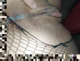 Fish net one night stand gets thumb in ass and a creampie