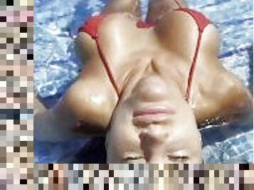 Monika Fox Swims In The Pool In A Red Bikini