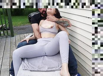 Outdoor romantic squirt in yoga pants - with Jess and Tony