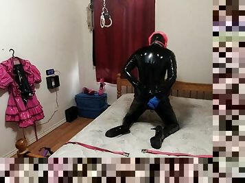 Sissy maid self bondage, spiked chastity cage