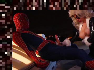 Blonde cougar dazzles with her huge tits while doing Spider Man