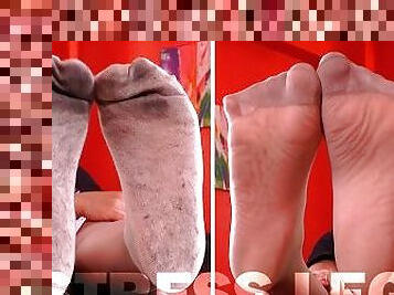 Mistress foot tease in dirty white socks over pantyhose