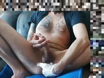 Lonely guy fingering his ass while strocking his dick until explosion