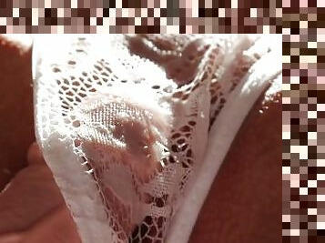 Rubbing pussy with wet dick in panties