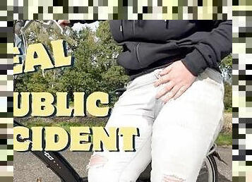 Real public desperate wetting accident in pants outside cycling