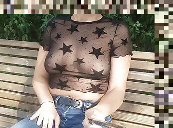 Transparent blouse shows her tits in public