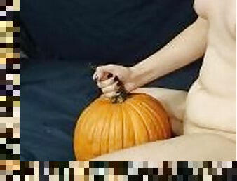 Tran's girl with fangs fucks pumpkin in thigh highs