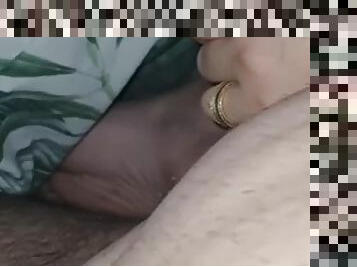 Stepmother, perfect handjob under the blanket on her stepsons cock