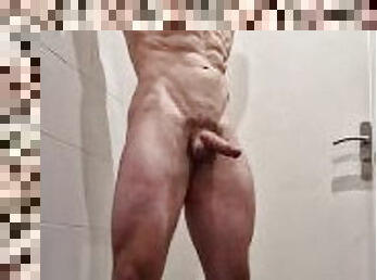 Horny hot boy during workout jerks off hard and cums all over in toilet gym