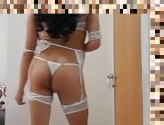 Sexy sissy trans on white lingerie dancing