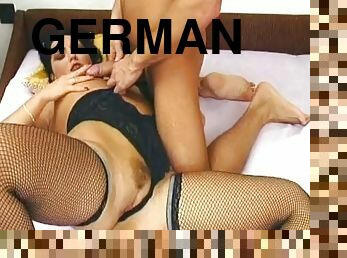 Chubby German lady in fishnet stockings pleasing a hard cock in all kinds of positions