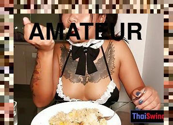 BBW Thai amateur girlfriend in maid uniform, role play and sex at home