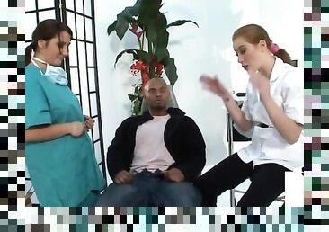 CFNM nurses in uniforms n with gloves jerk small black dick